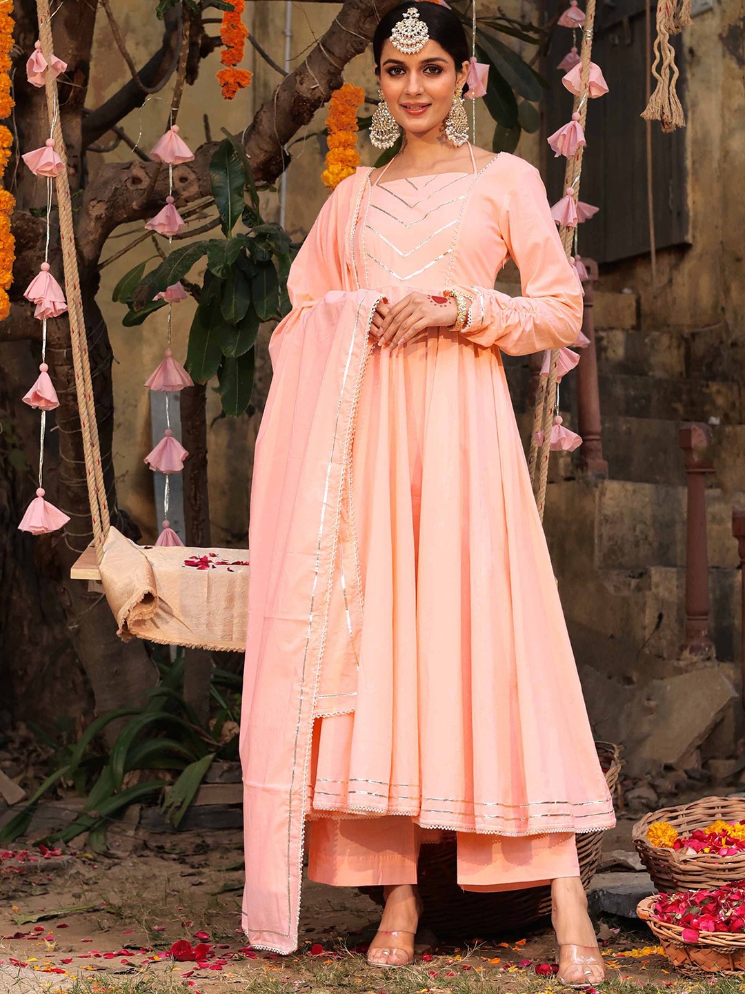 

LABEL ADITI HUNDIA Women Regular Pure Cotton Kurta with Palazzos & With Dupatta, Peach