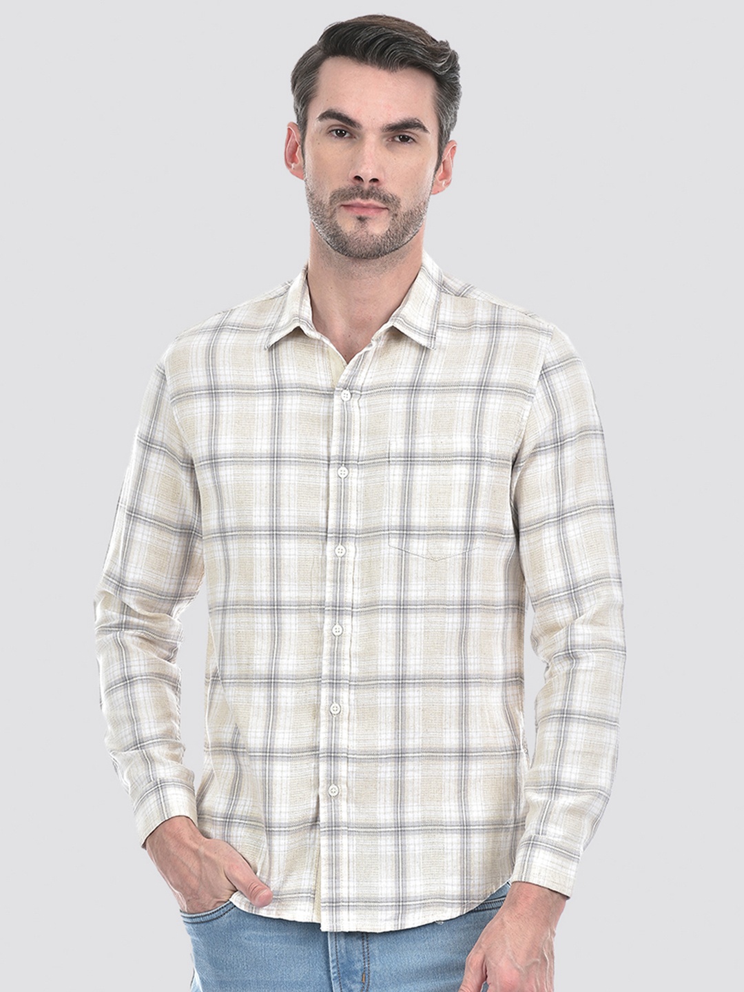 

Numero Uno Men Spread Collar Checked Cotton Slim Fit Casual Shirt, Off white
