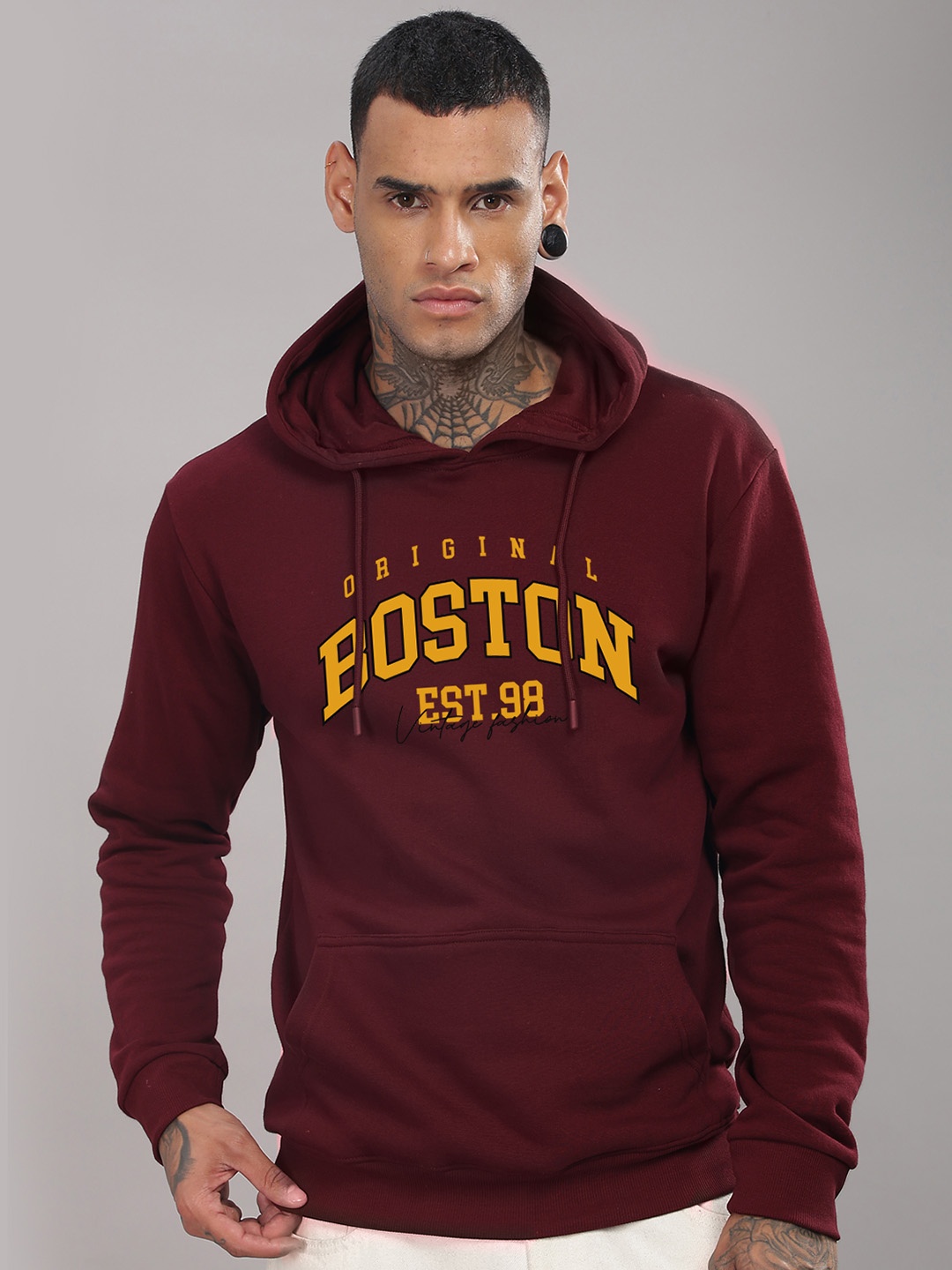 

ADRO Men Typography Printed Hood Cotton Pullover Ribbed Sweatshirt, Maroon