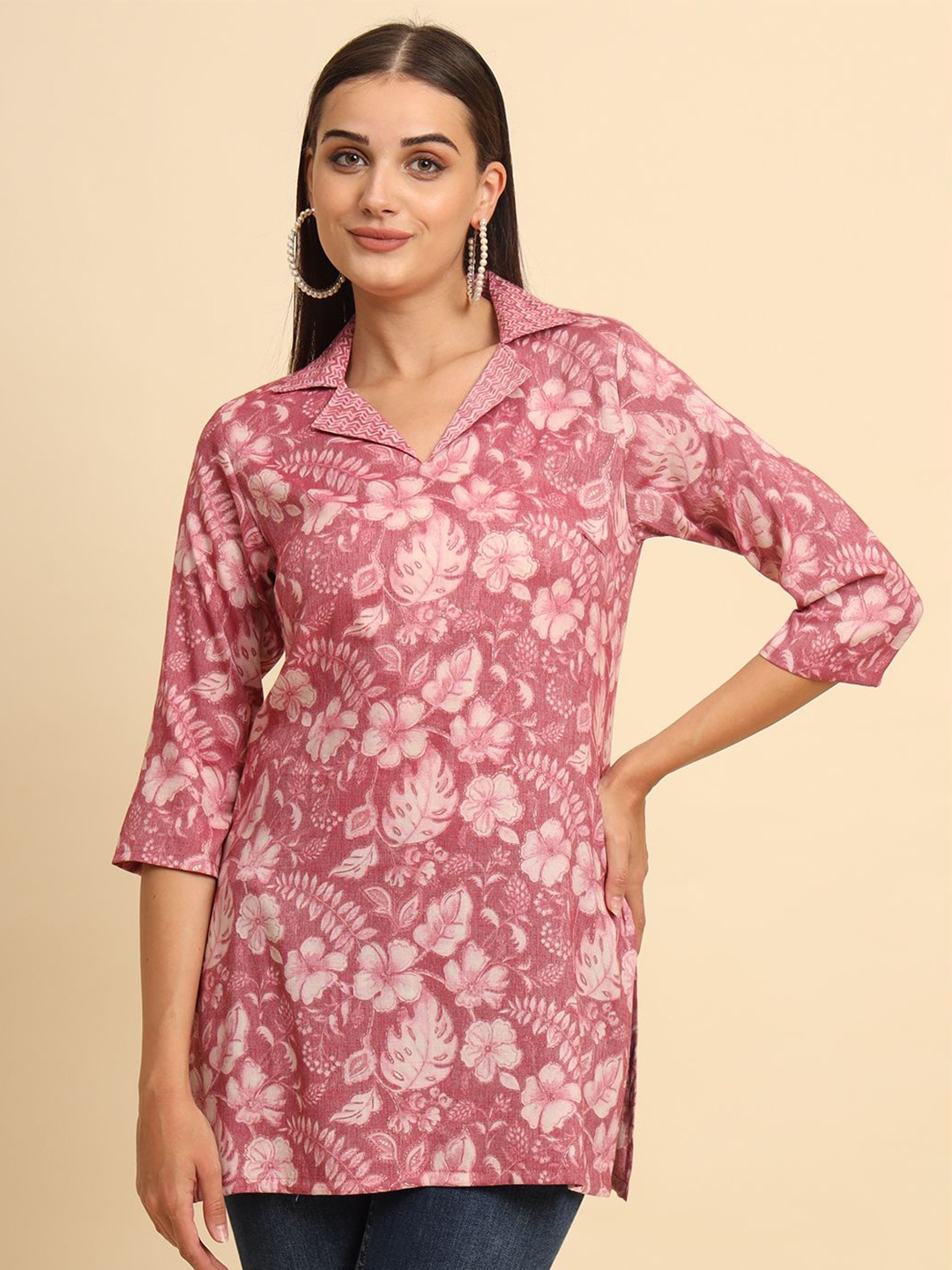 

Anouk Rustic Women Floral Printed Shirt Collar Kurti, Pink