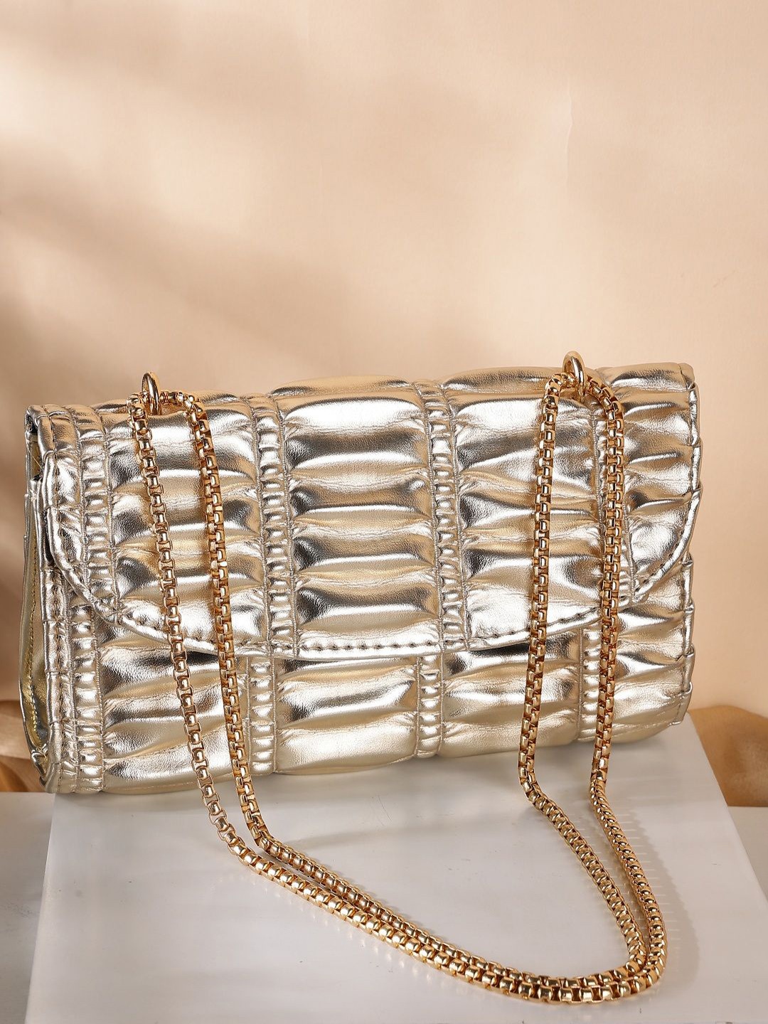 

SAZARA Women Textured Shoulder Bag, Gold