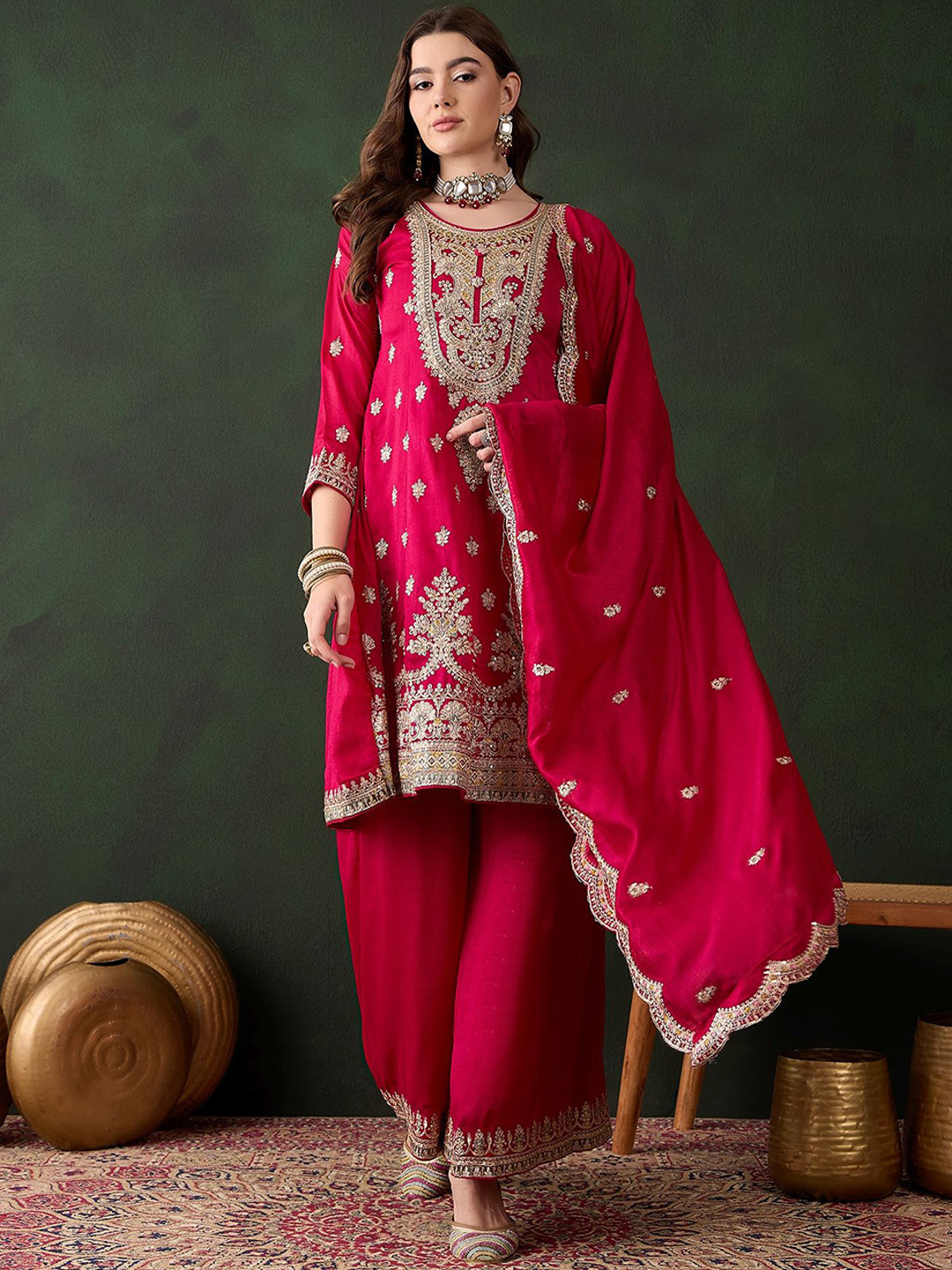 

Miss Ethnik Women Ethnic Motifs Embroidered Kurta & Palazzos With Dupatta, Pink