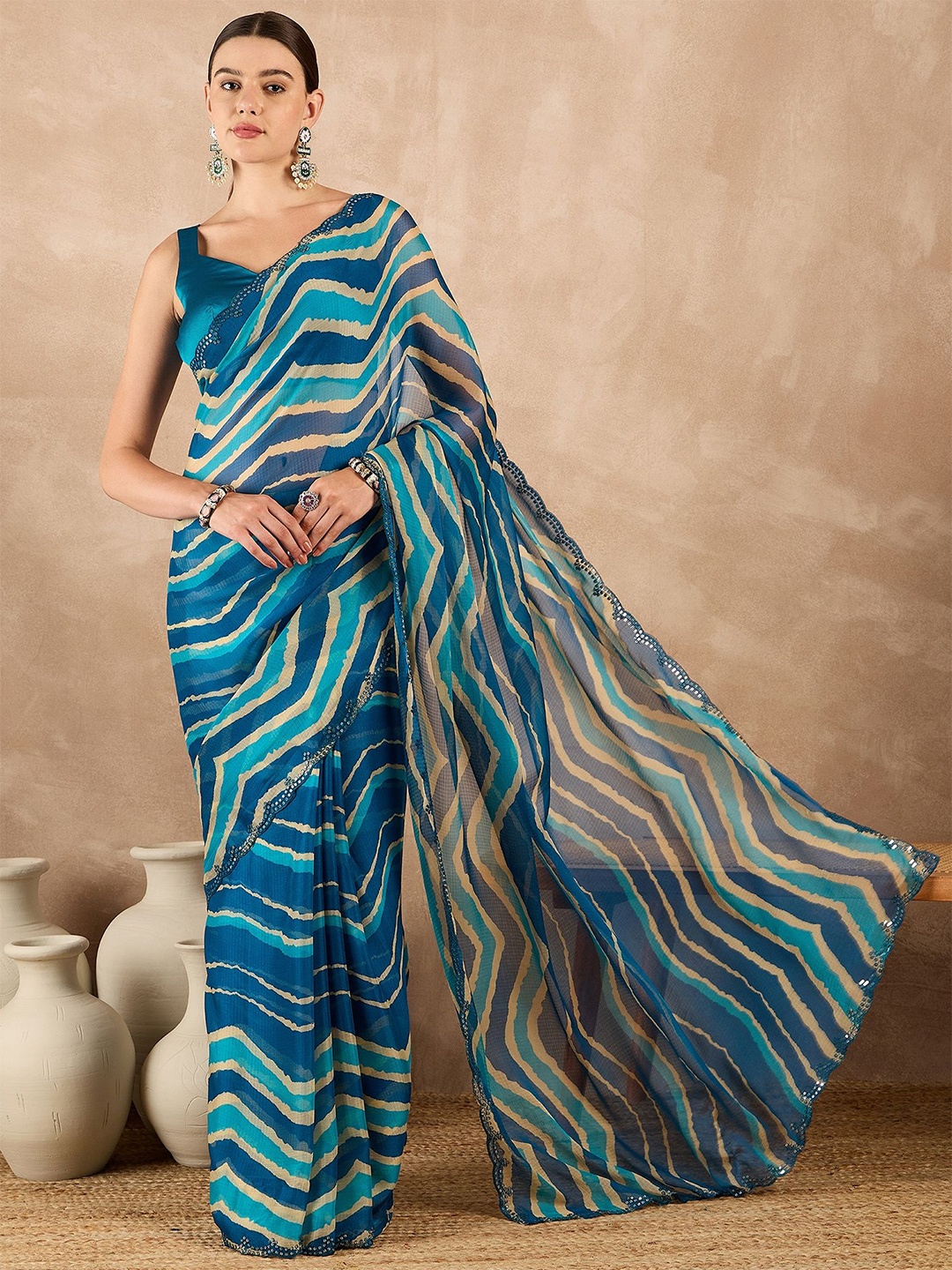 

all about you Leheriya Pure Chiffon Leheriya Saree, Blue