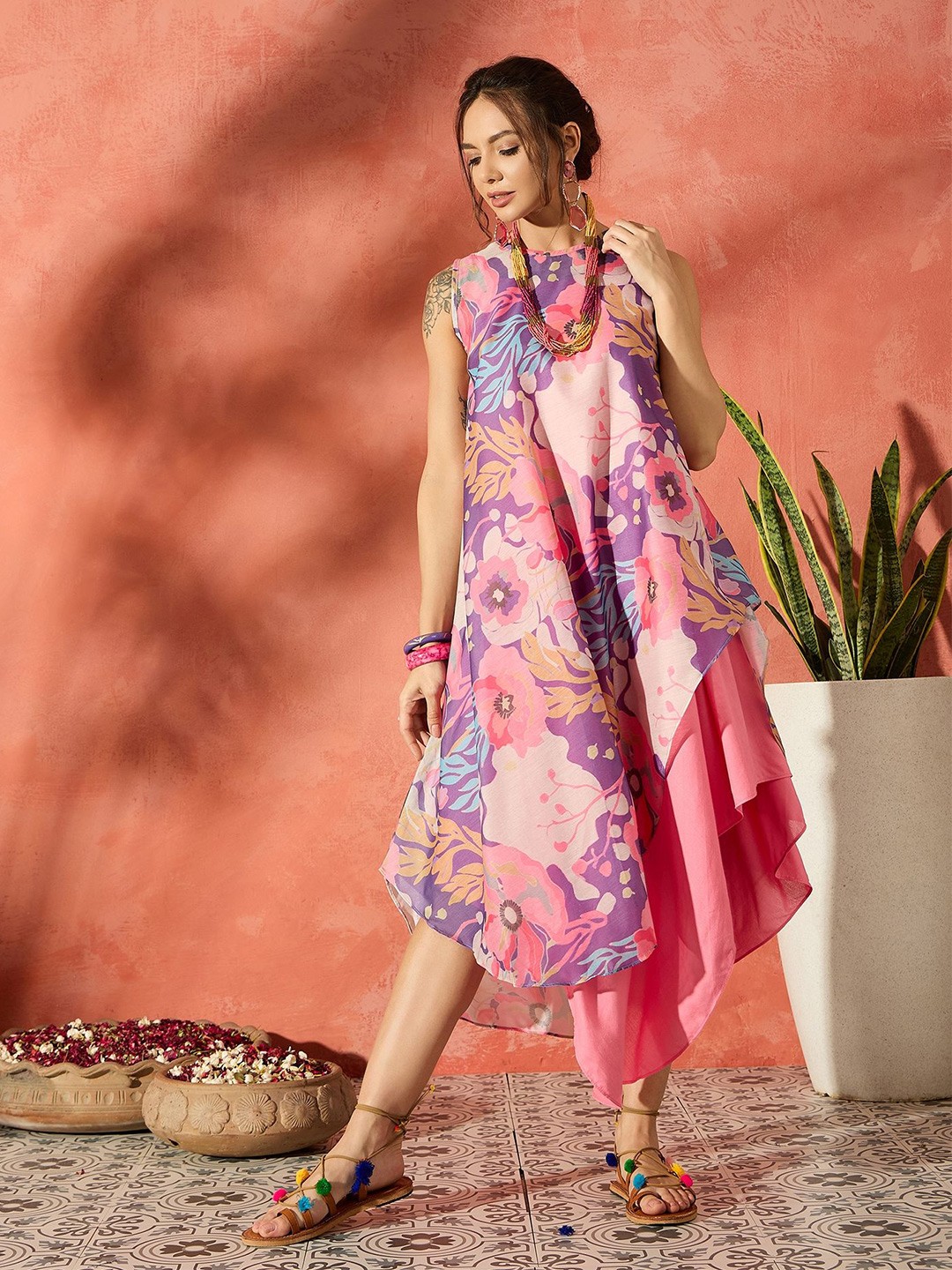 

InWeave Floral Printed Chanderi A-Line Midi Dress, Purple