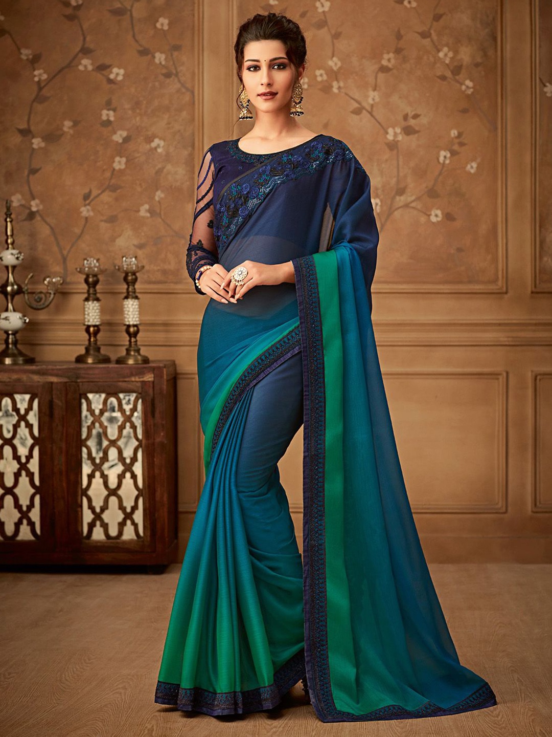 

Mitera Ombre Beads and Stones Pure Chiffon Saree, Teal