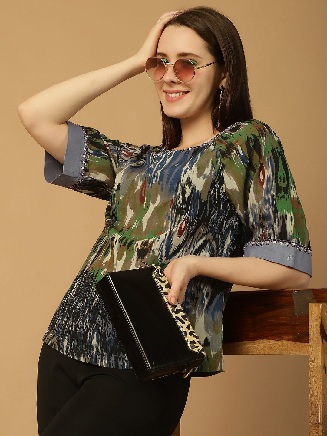 

250 DESIGNS Women Abstract Printed Round Neck Cotton Top, Green