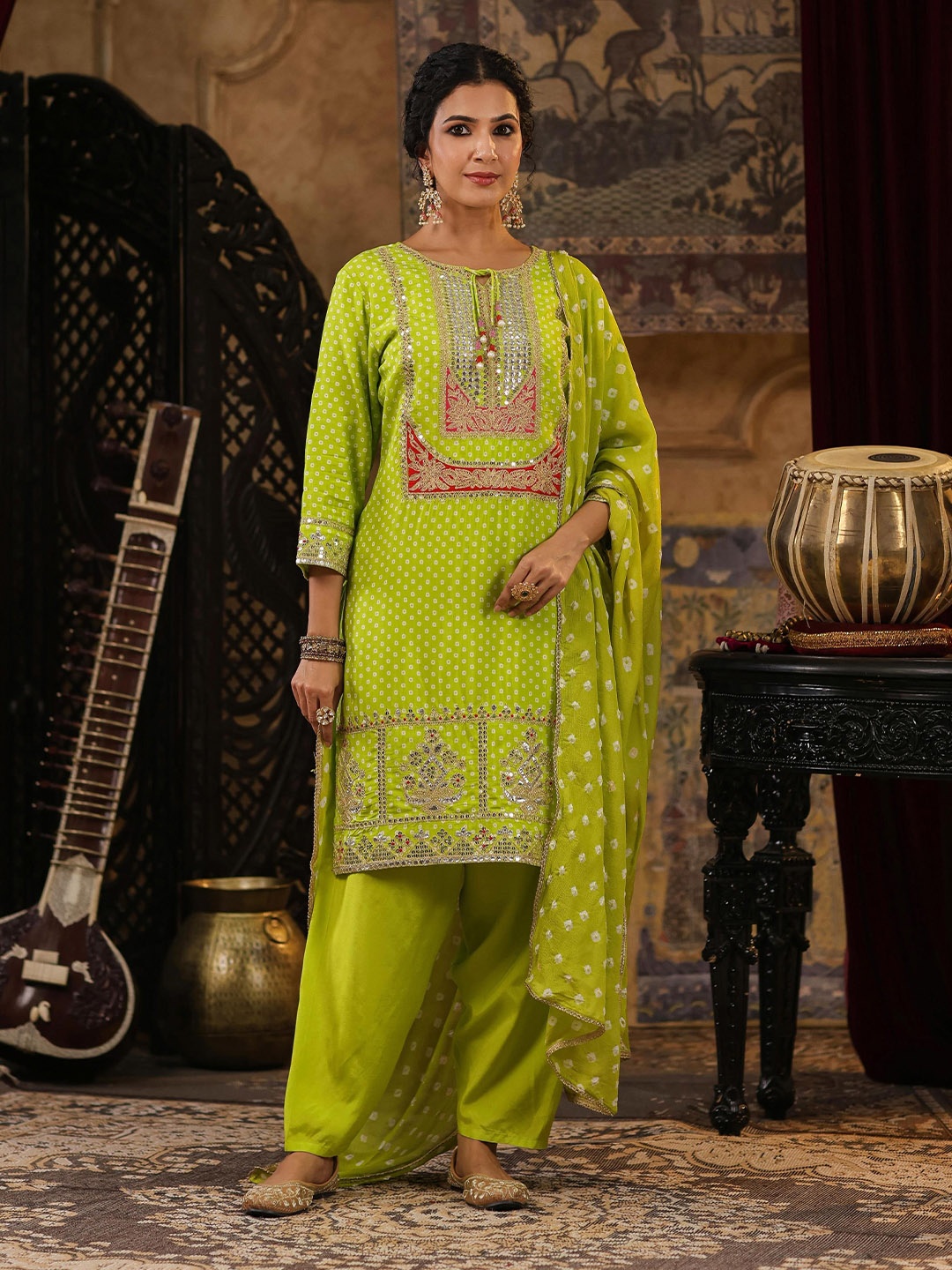 

SCAKHI Bandhani Printed Sequinned Straight Kurta With Salwar & Dupatta, Lime green