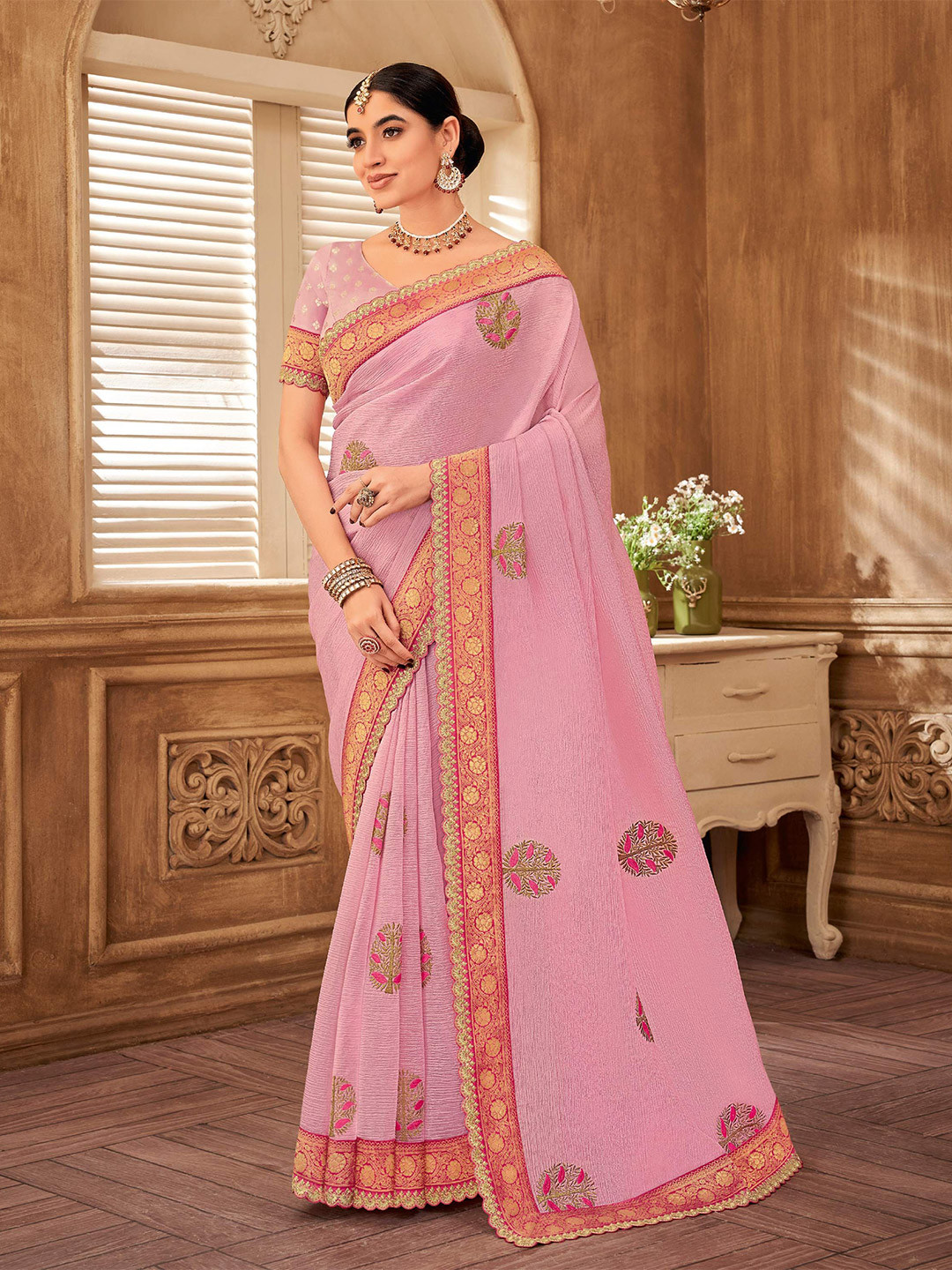 

Laxmipati Woven Design Embroidered Designer Saree, Pink