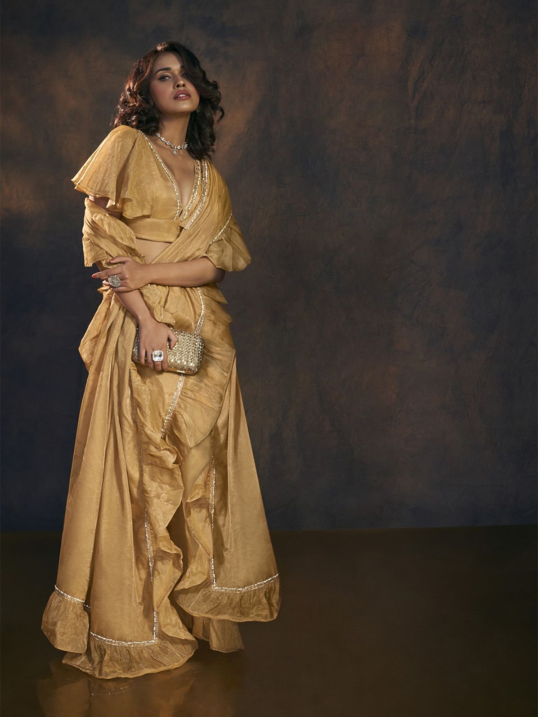 

SALWAR STUDIO Embellished Tussar Saree, Gold