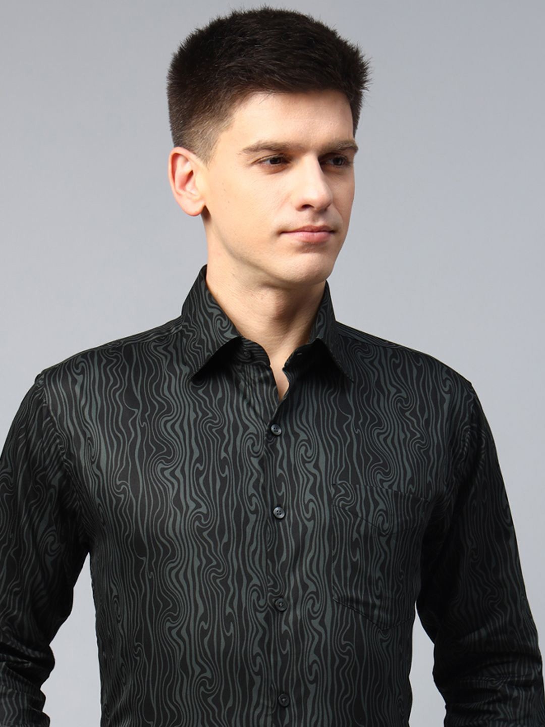 

Hancock Men Premium Slim Fit Opaque Abstract Printed Egyptian Cotton Satin Party Shirt, Black