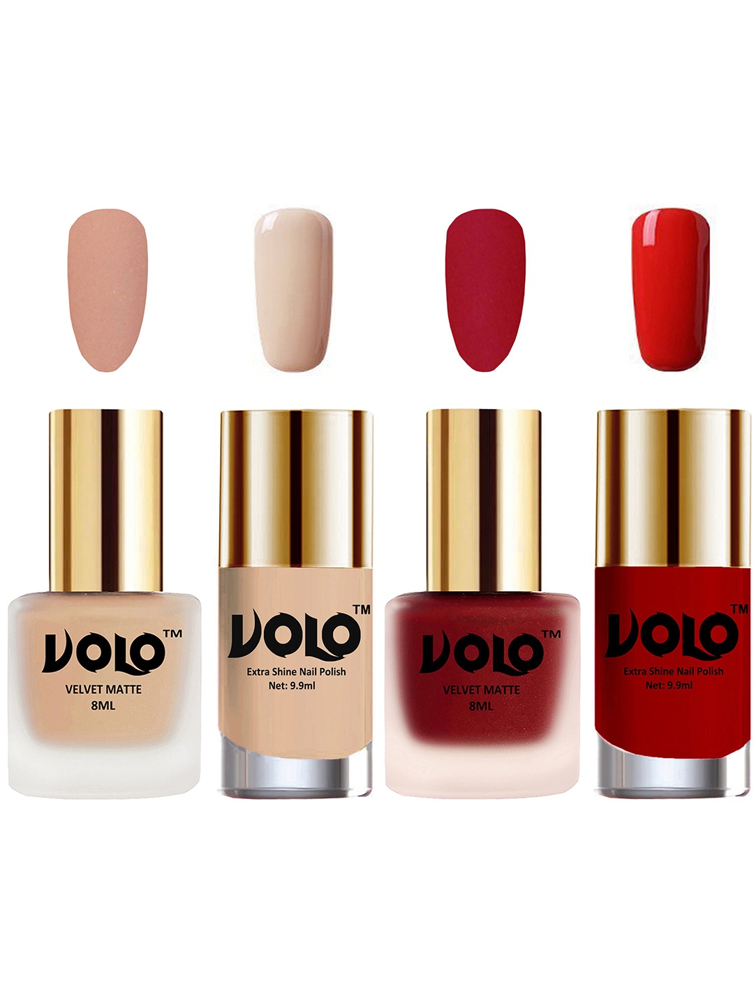 

VOLO Set Of 4 Velvet Matte & Extra Shine Nail Polish-8 ml & 9.9 ml Each Shade 28-36-65-38, Multi