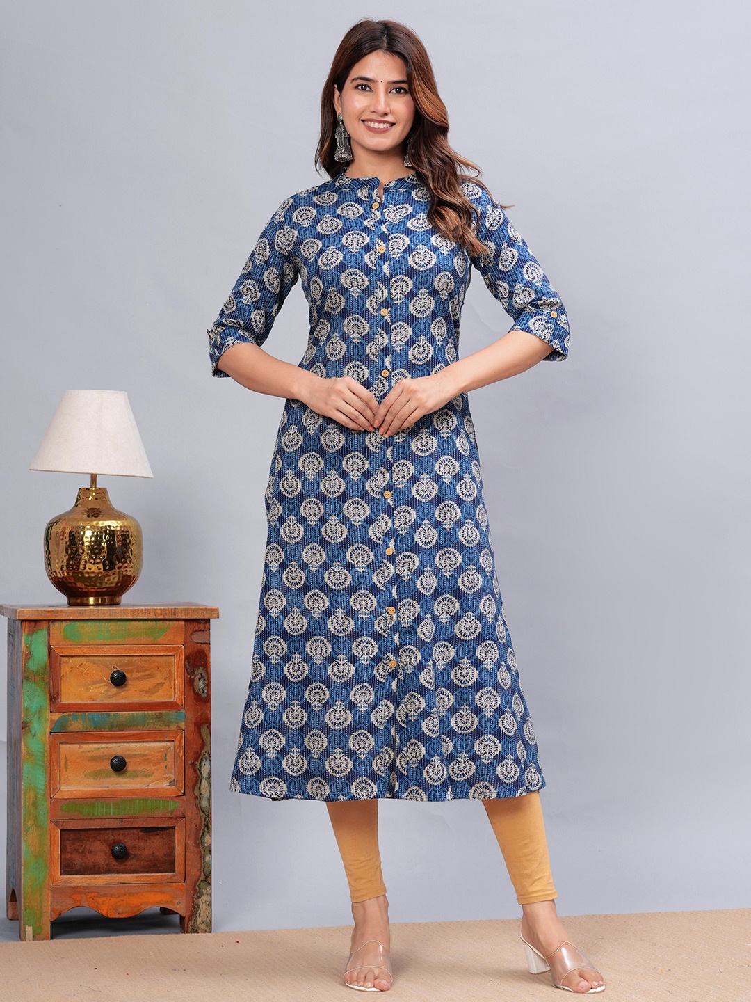 

KALINI Printed Women Ethnic Motifs Printed Mandarin Collar Pure Cotton A-LIne Kurta, Teal