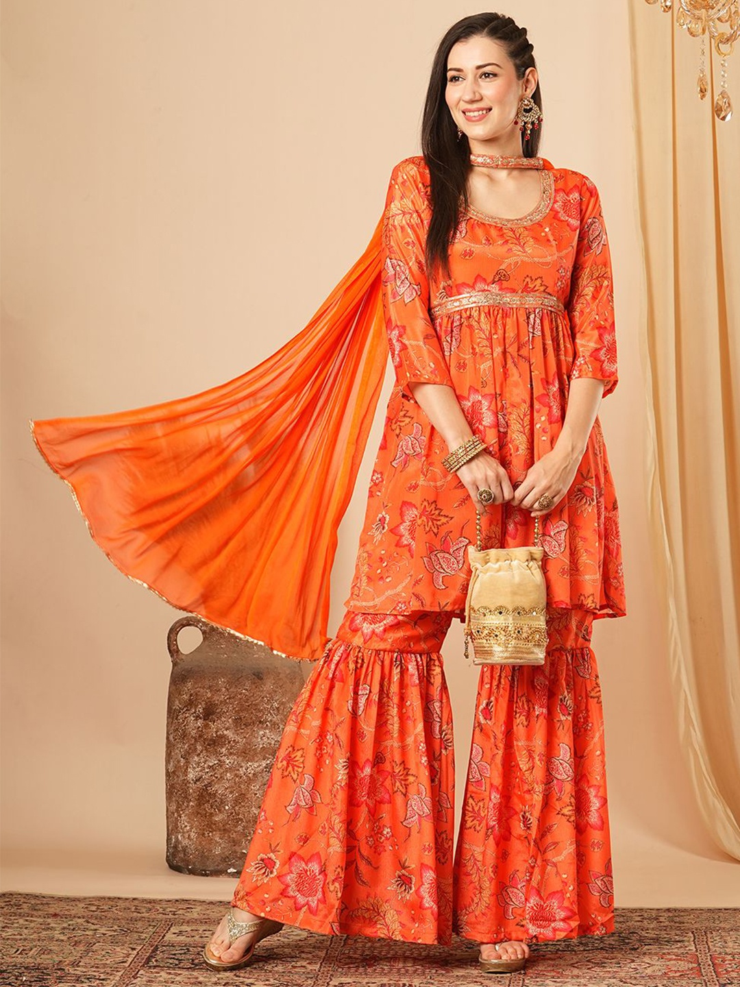 

Globus Floral Printed Pleated Sequinned Kurti with Sharara & Dupatta, Orange