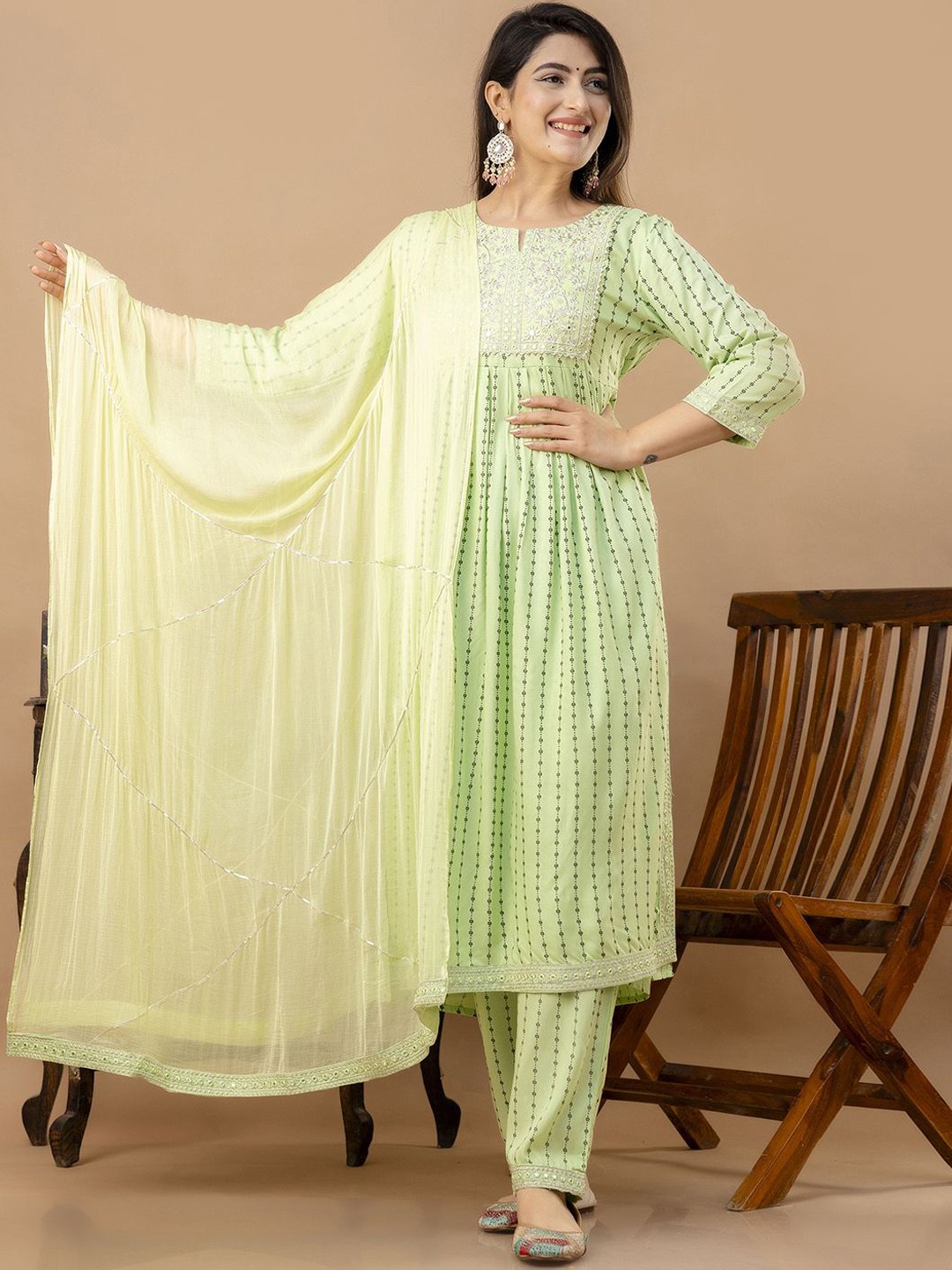 

Veshviti Women Embroidered Pleated Mirror Work Kurta with Trousers & With Dupatta, Green