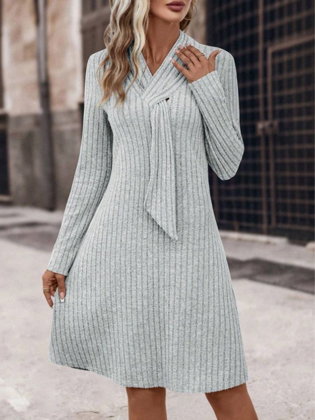 

LULU & SKY Women Tie-Up Neck Striped Dress, Grey
