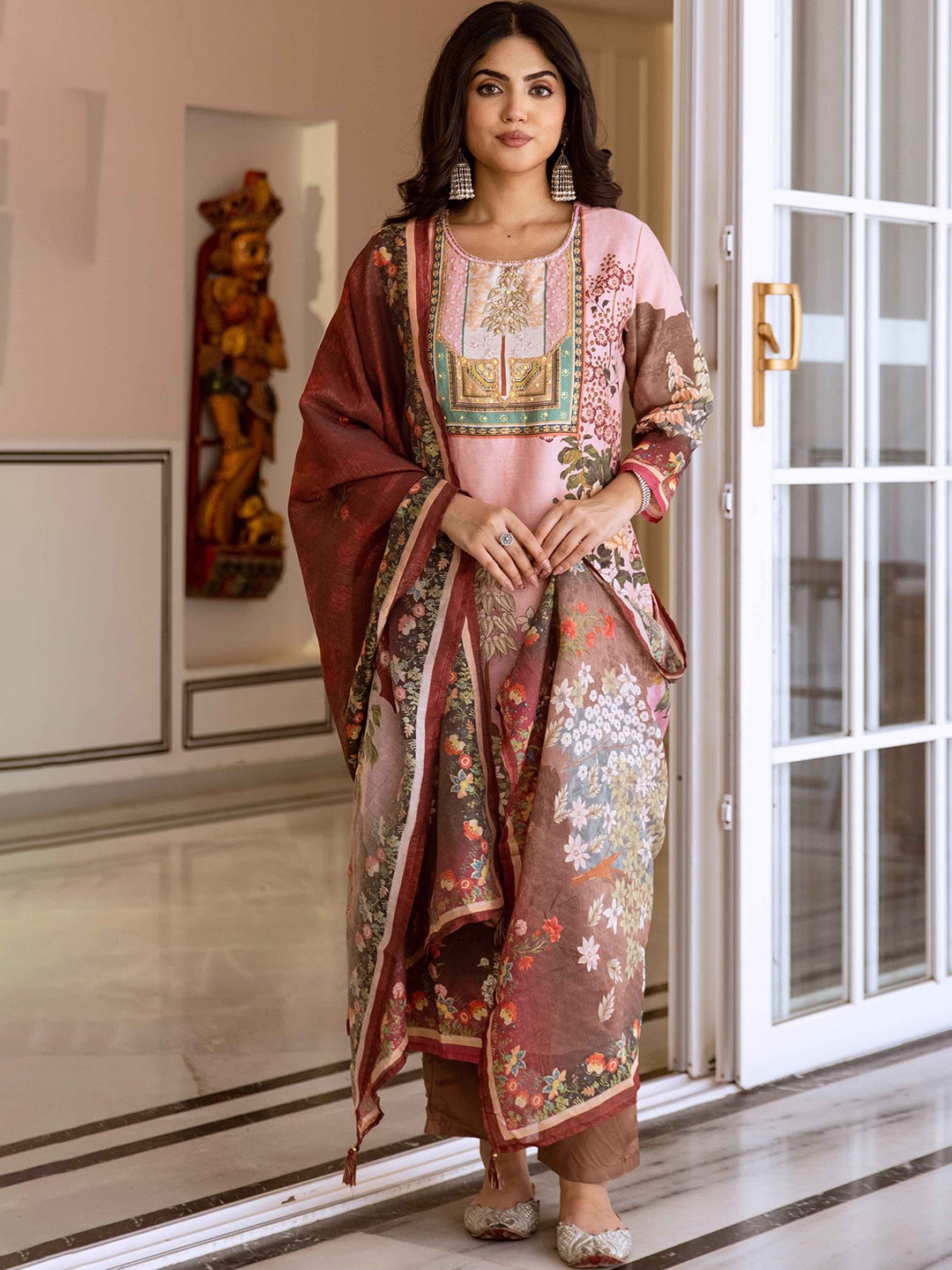 

KALINI Women Floral Printed Regular Beads and Stones Kurta with Trousers & Dupatta, Peach