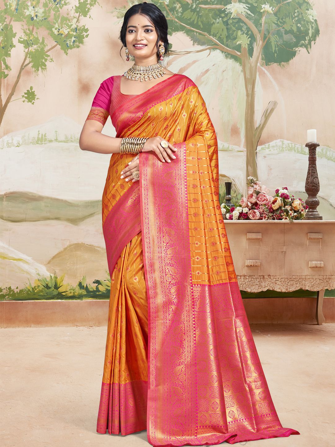

SANGAM PRINTS Woven Design Zari Silk Blend Tussar Saree, Orange