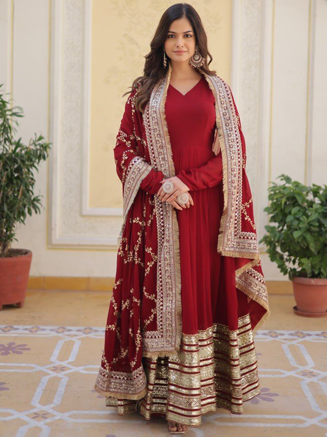 

Fusionic Women V-neck Embroidered with Gota Patti Ethnic Dresses, Red