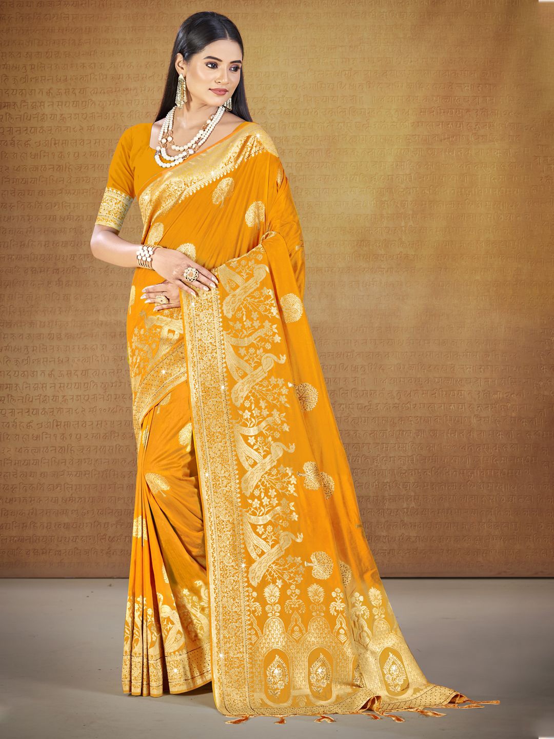 

SANGAM PRINTS Woven Design Zari Silk Blend Tussar Saree, Mustard