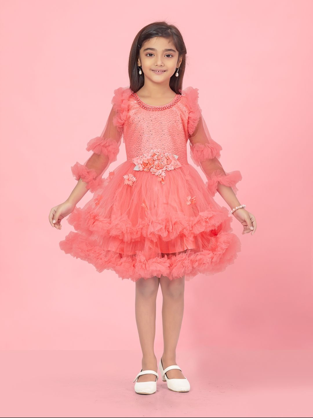 

BAESD Girl Self Design Lace Frills Bows and Ruffles Fit & Flare Dress Comes with a belt, Peach