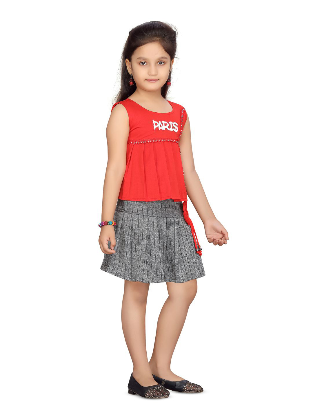 

BAESD Girls Printed Round Neck Sleeveless Top & Solid Skirt Clothing Set, Red