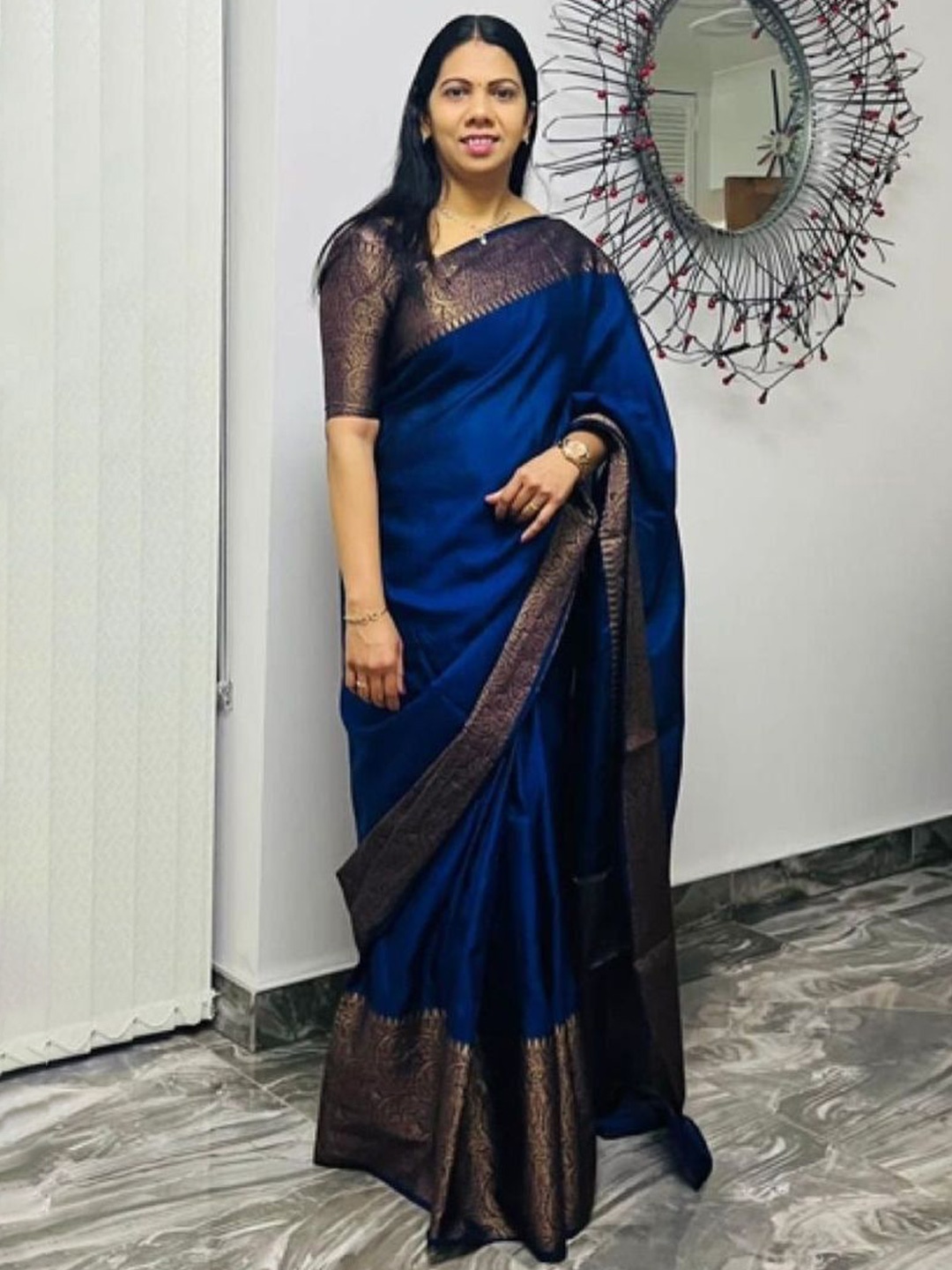 

HANDSEL Woven Design Zari Pure Silk Banarasi Saree, Blue