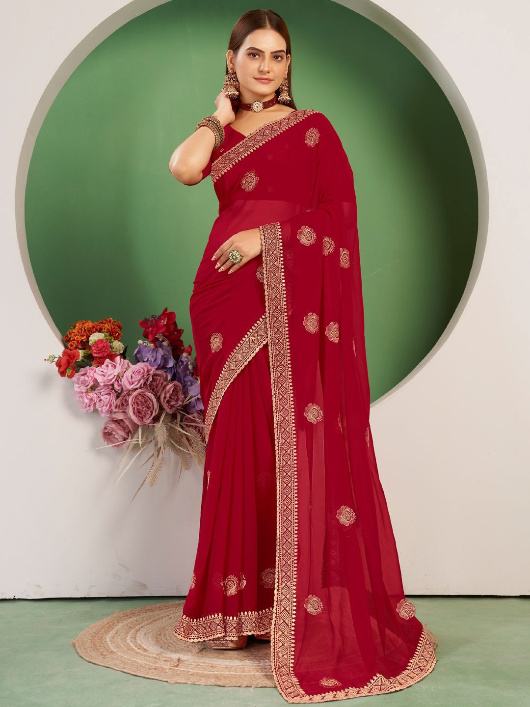 

Mitera Embellished Embroidered Poly Chiffon Designer Saree, Red