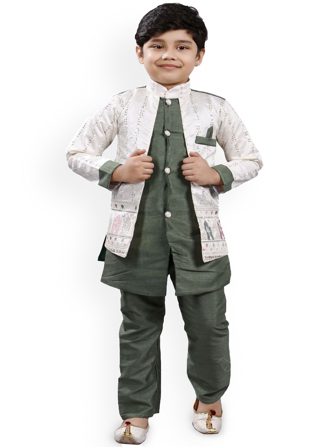 

BAESD Boys Ethnic Motifs Embroidered Regular Thread Work Kurta with Trousers Set, Green