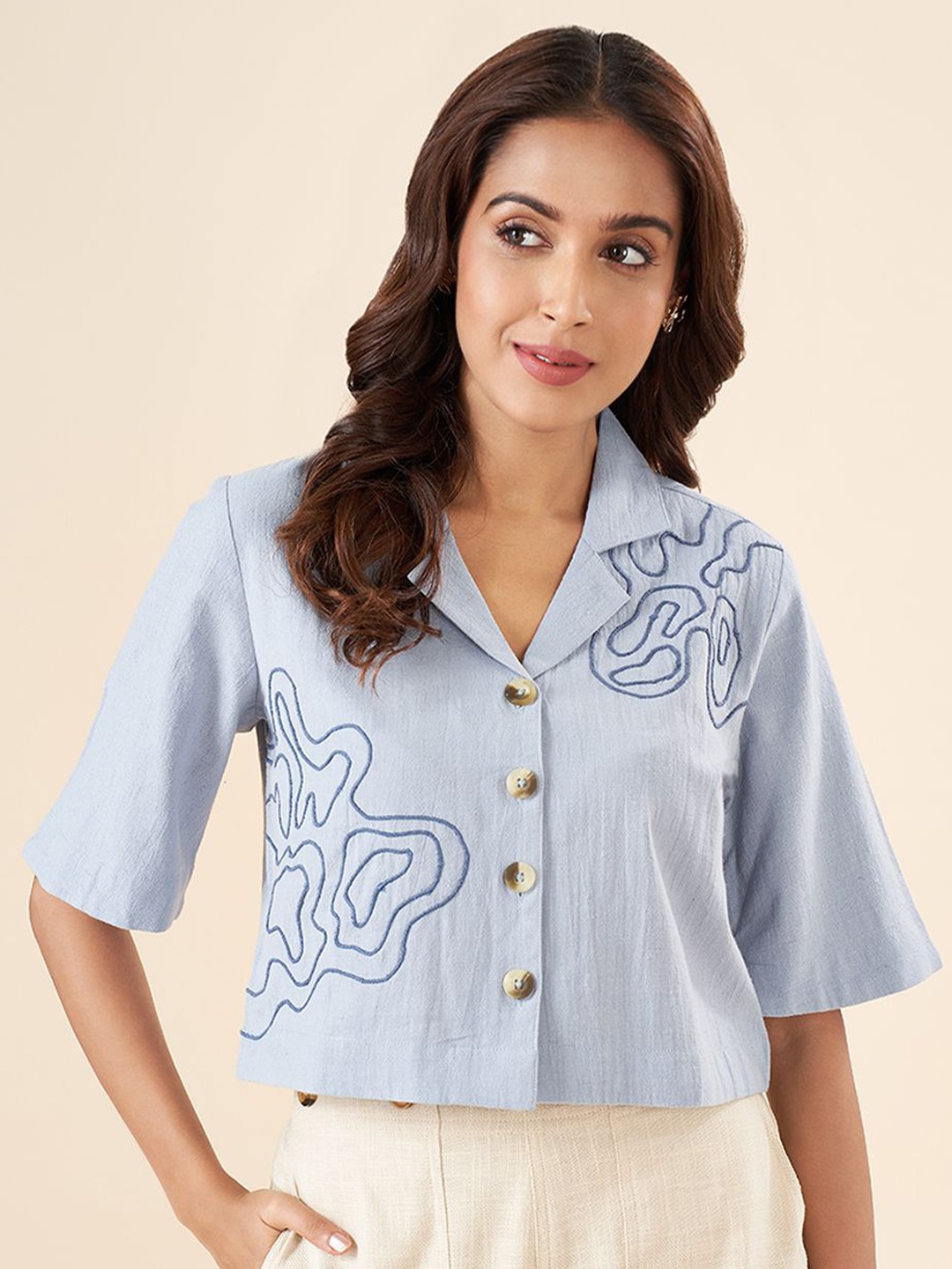 

AKKRITI BY PANTALOONS Women Abstract Printed Lapel Collar Cotton Top, Blue