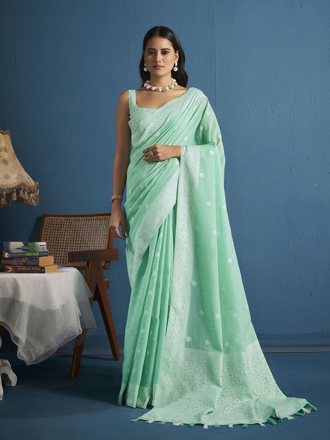 

elora Woven Design Chikankari Linen Blend Designer Saree, Sea green