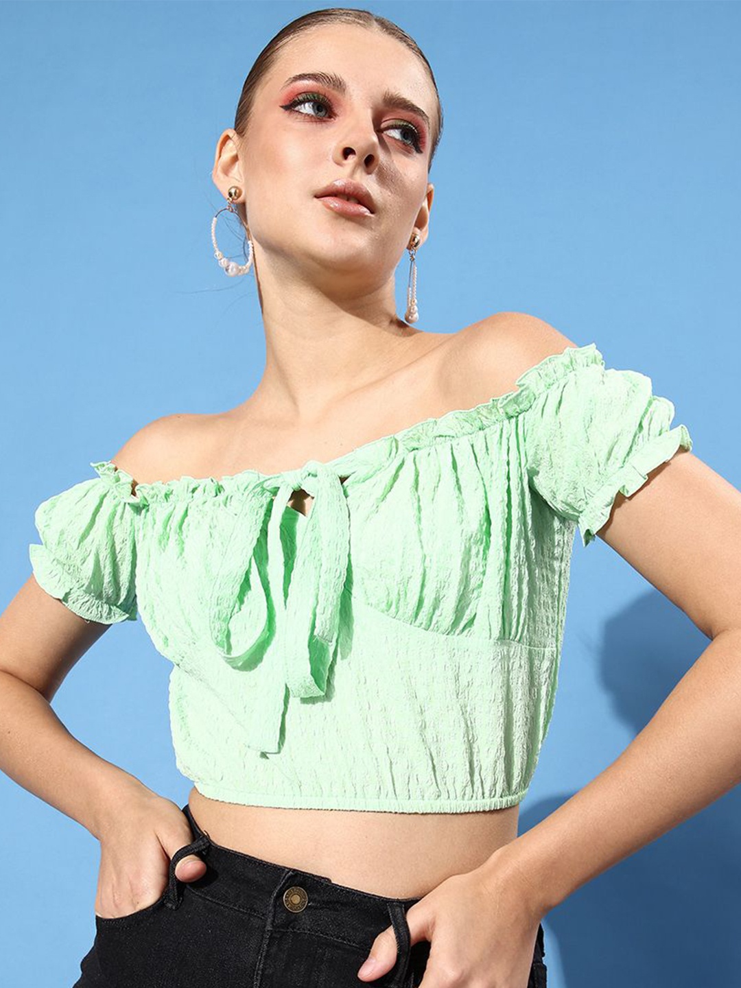 

Athena Women Self Design Off-Shoulder Top, Green