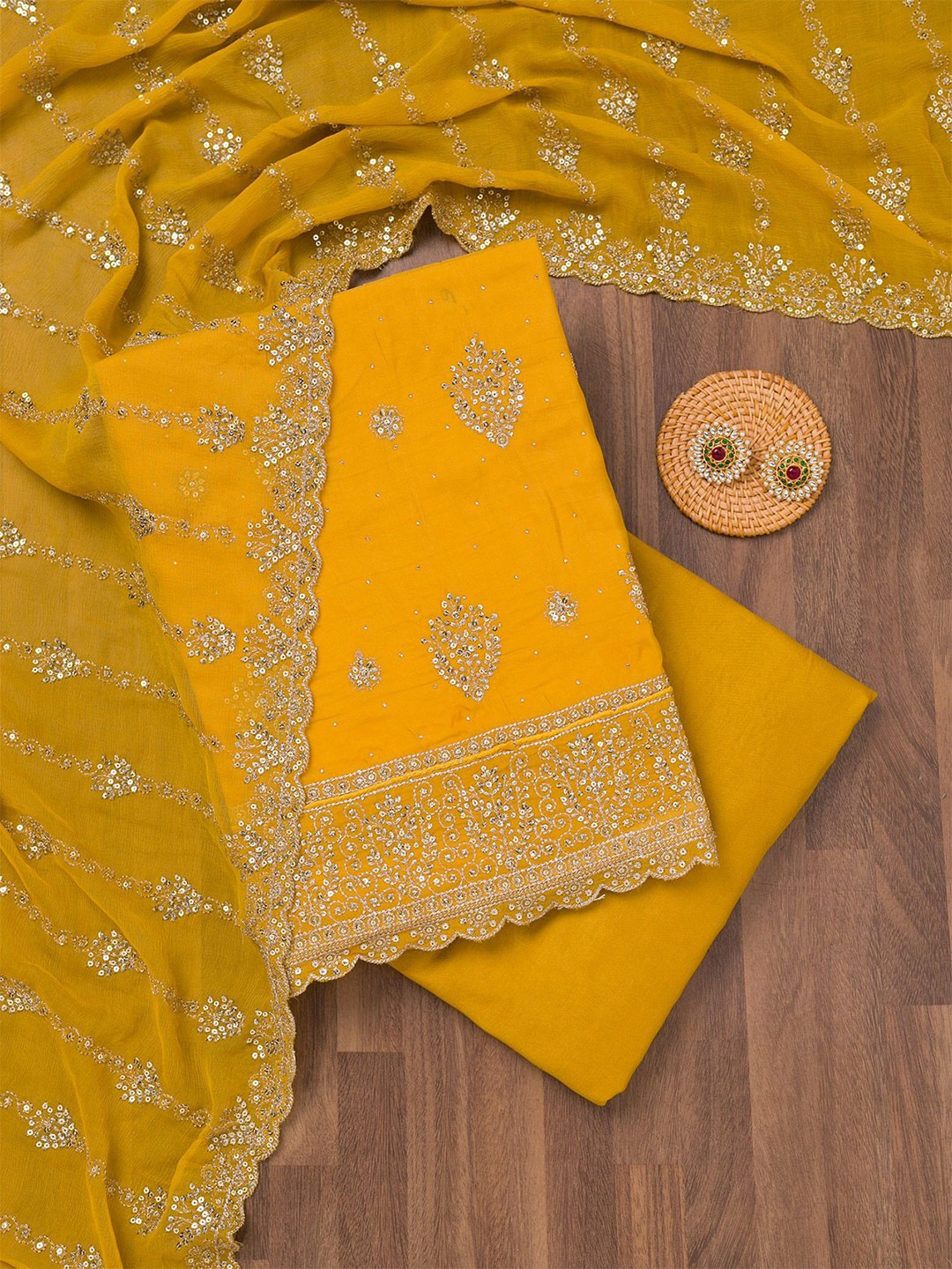 

Koskii Floral Embroidered Zari Work Unstitched Dress Material, Yellow