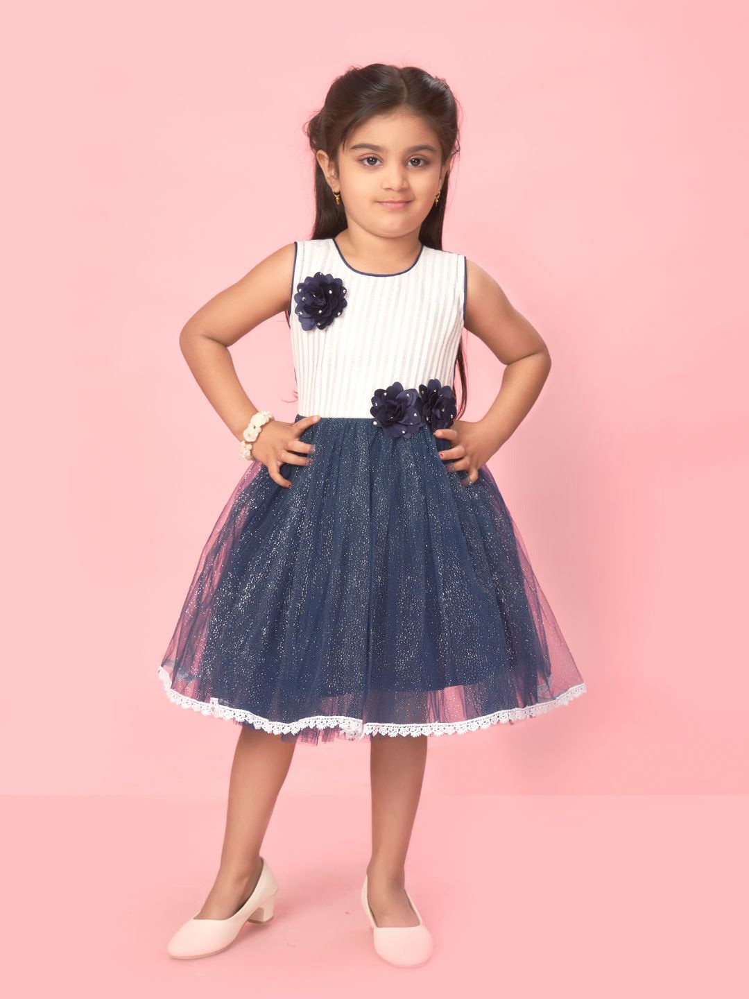 

BAESD Girls Floral Applique Solid Net Fit & Flare Dress, Navy blue