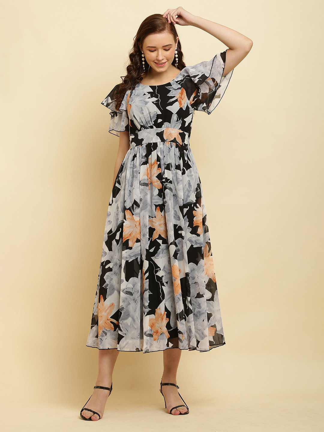 

C4D Women Flared Sleeve Ruffled Fit & Flare Short Dress, Black