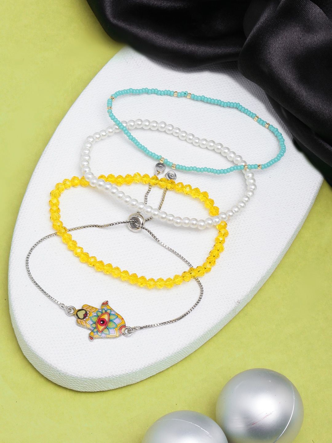 

KPOP Set Of 4 Silver-Plated Beaded Charm Bracelet