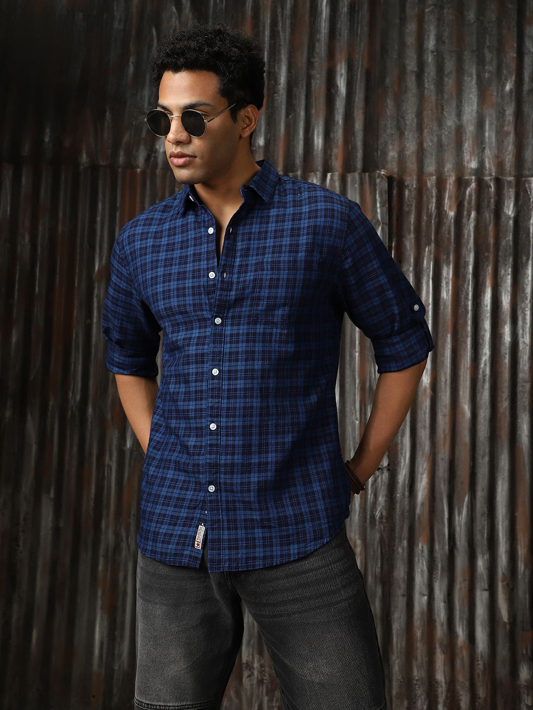 

High Star Men Classic Spread Collar Tartan Checked Cotton Casual Shirt, Blue