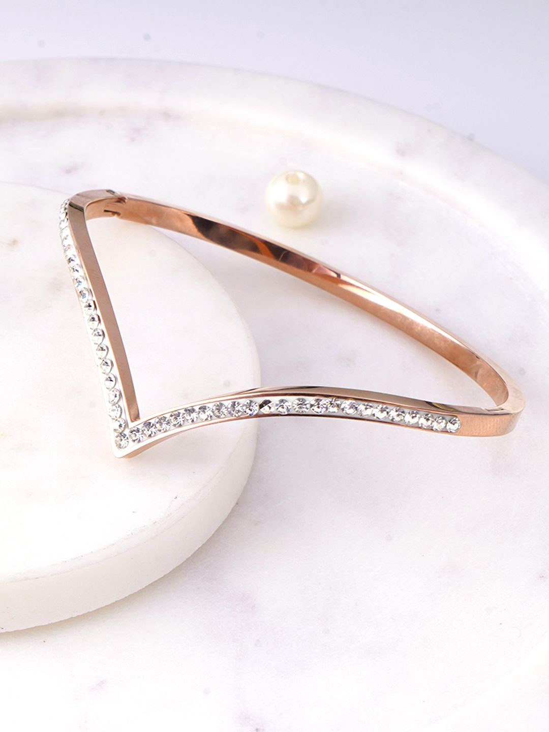 

Adwitiya Collection Stainless Steel Rose Gold-Plated Stone Studded Bangle-Style Bracelet