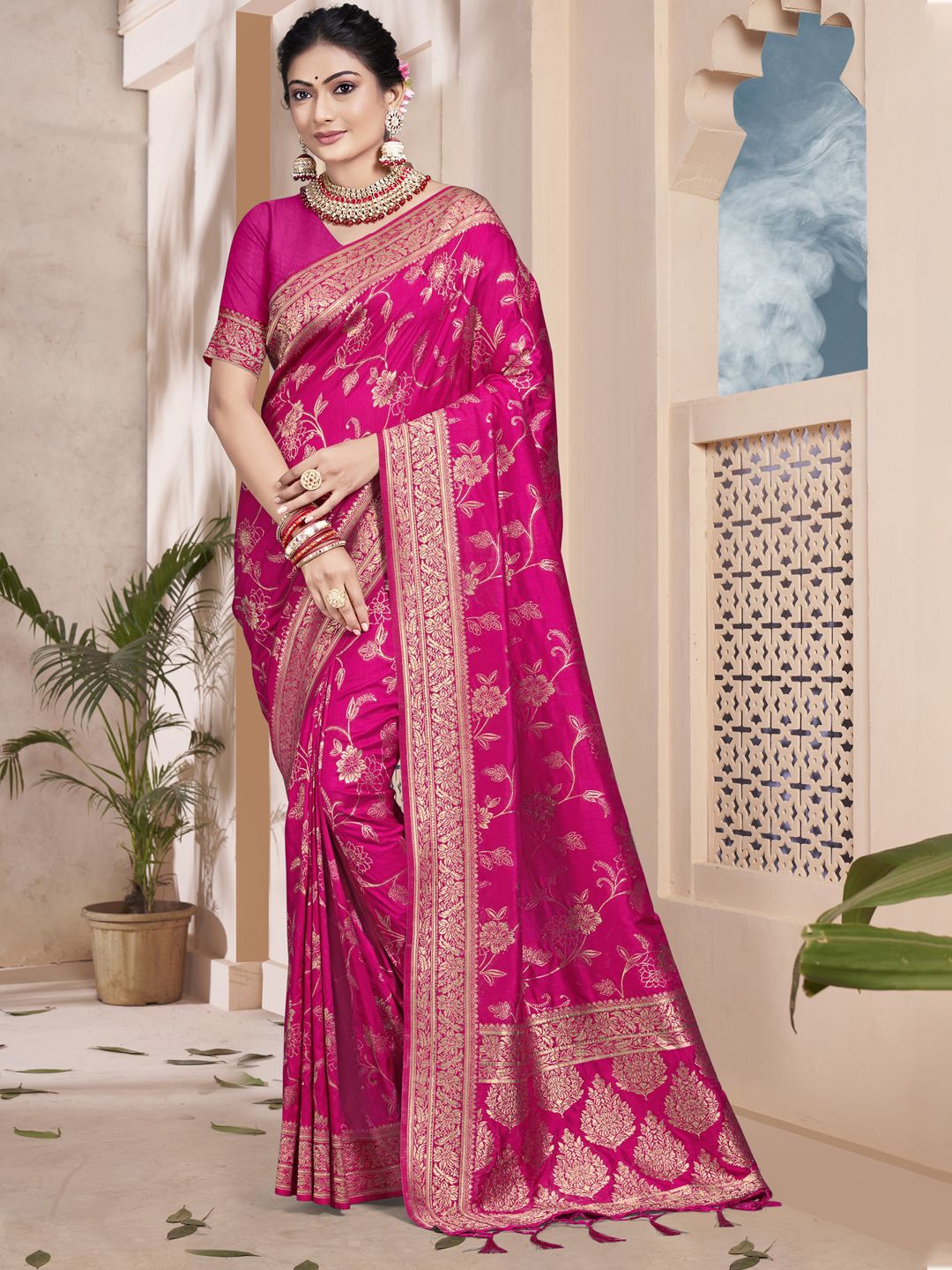 

SANGAM PRINTS Woven Design Zari Tussar Saree, Pink