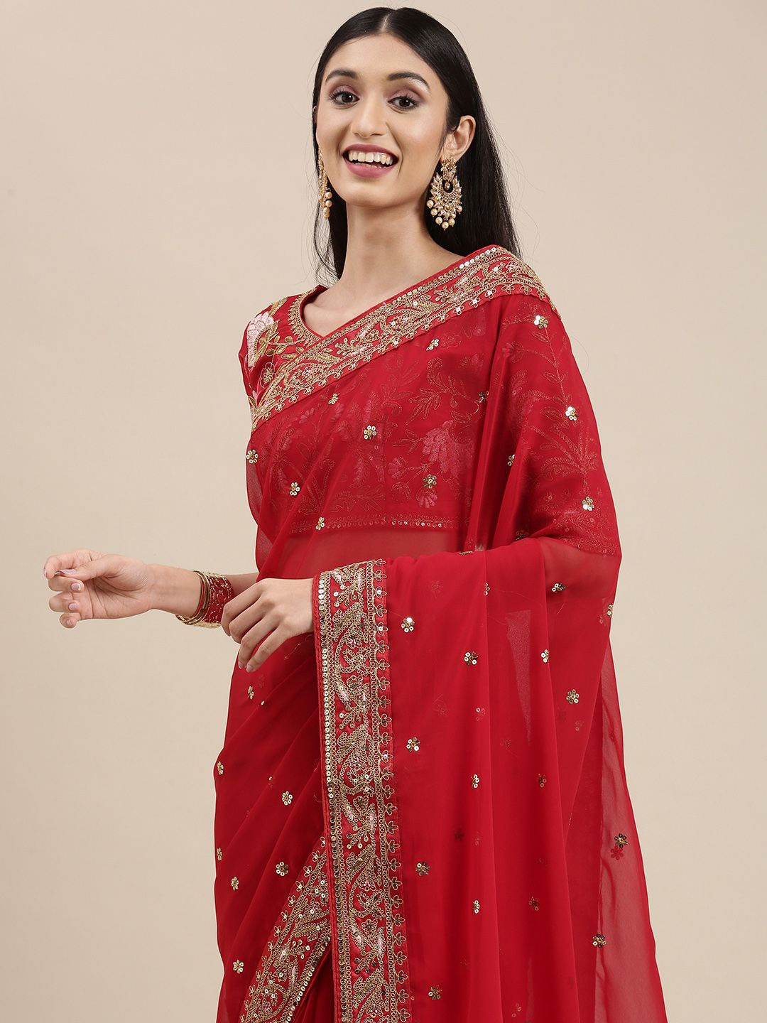 

HERE&NOW Sequinned Embroidered Saree, Red