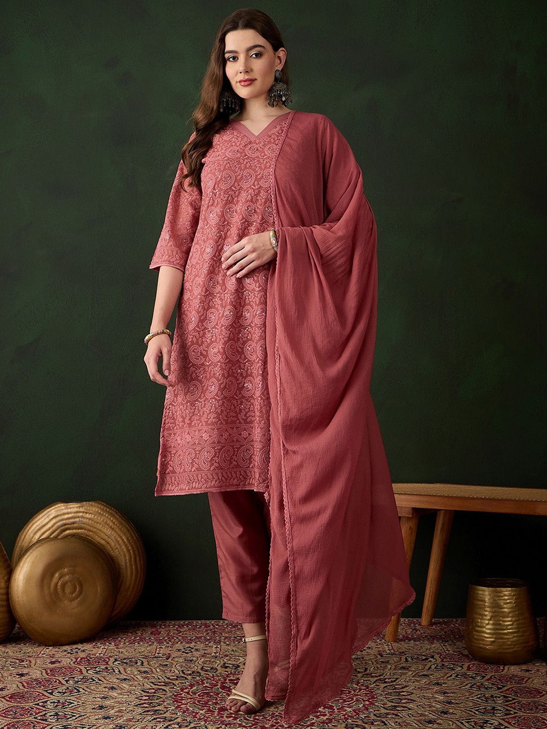 

Sangria Women Embroidered Kurta Trouser With Dupatta, Pink