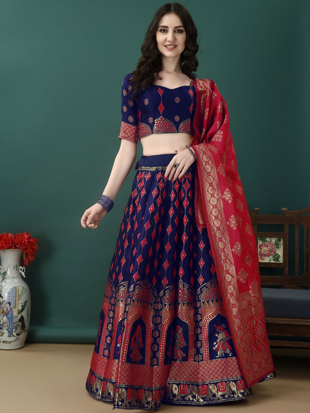 

SWAMI STUDIO Ready to Wear Lehenga & Unstitched Blouse With Dupatta, Blue