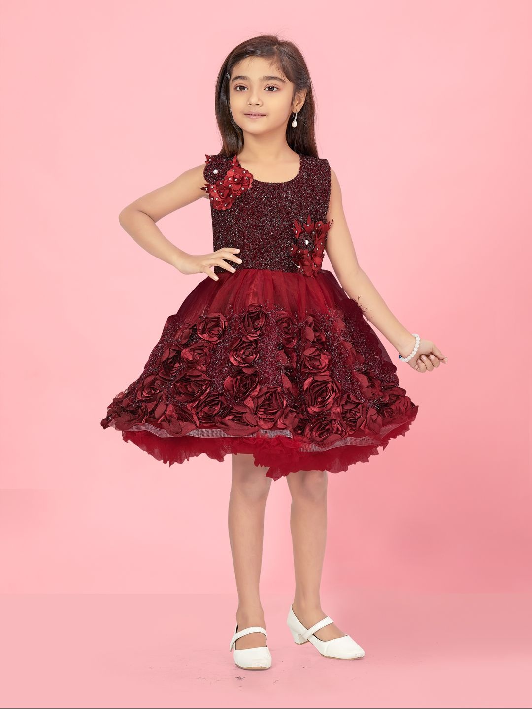 

BAESD Girls Self Design Embellished Fit & Flare Dress, Maroon