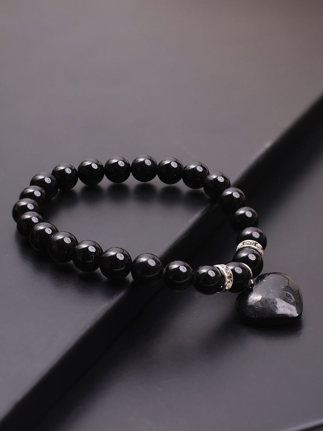 

Shubhanjali Tourmaline Crystal Studded Heart Charm Elasticated Bracelet, Black