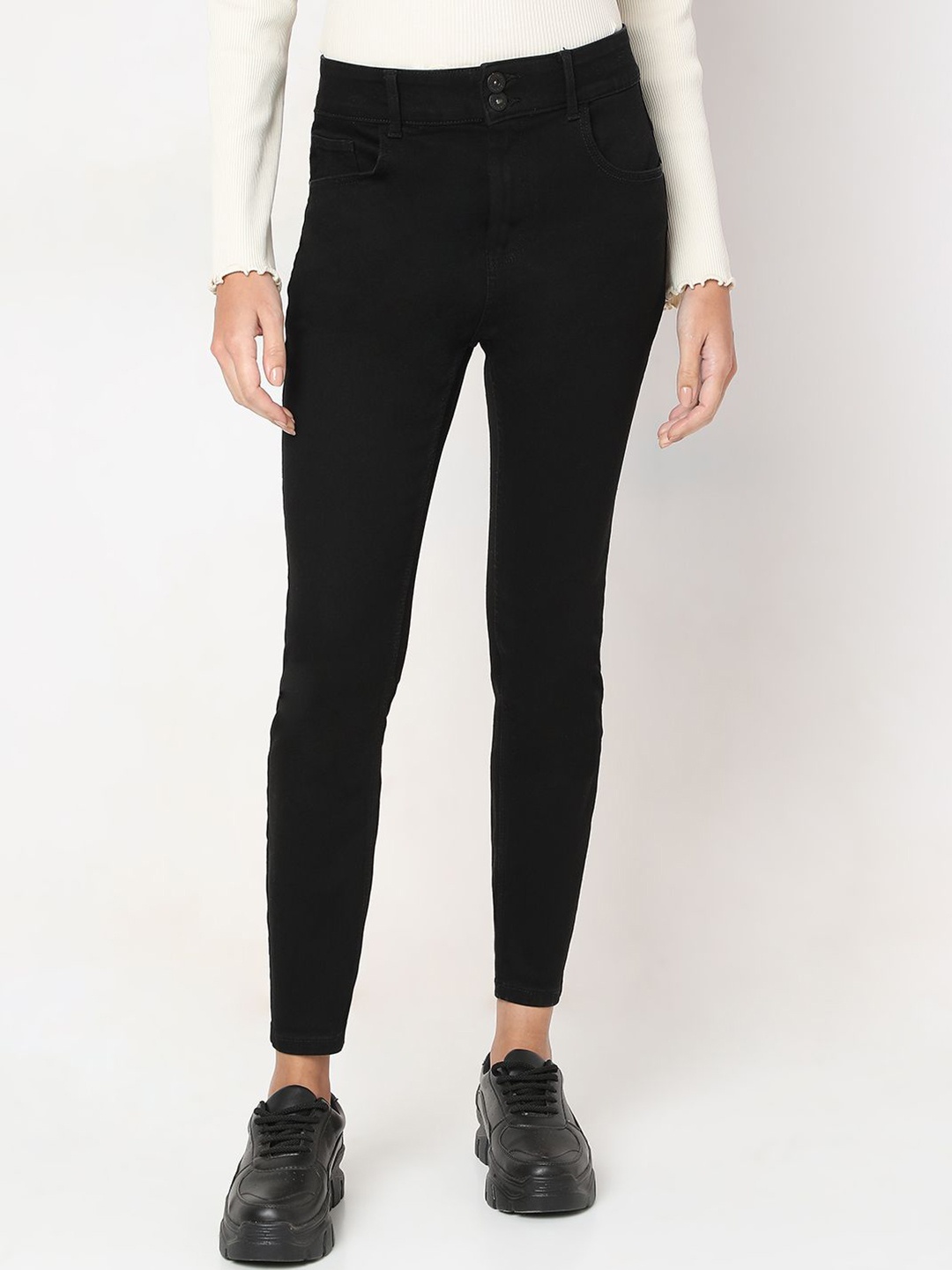 

Vero Moda Women Skinny Fit High-Rise Clean Look Stretchable Jeans, Black