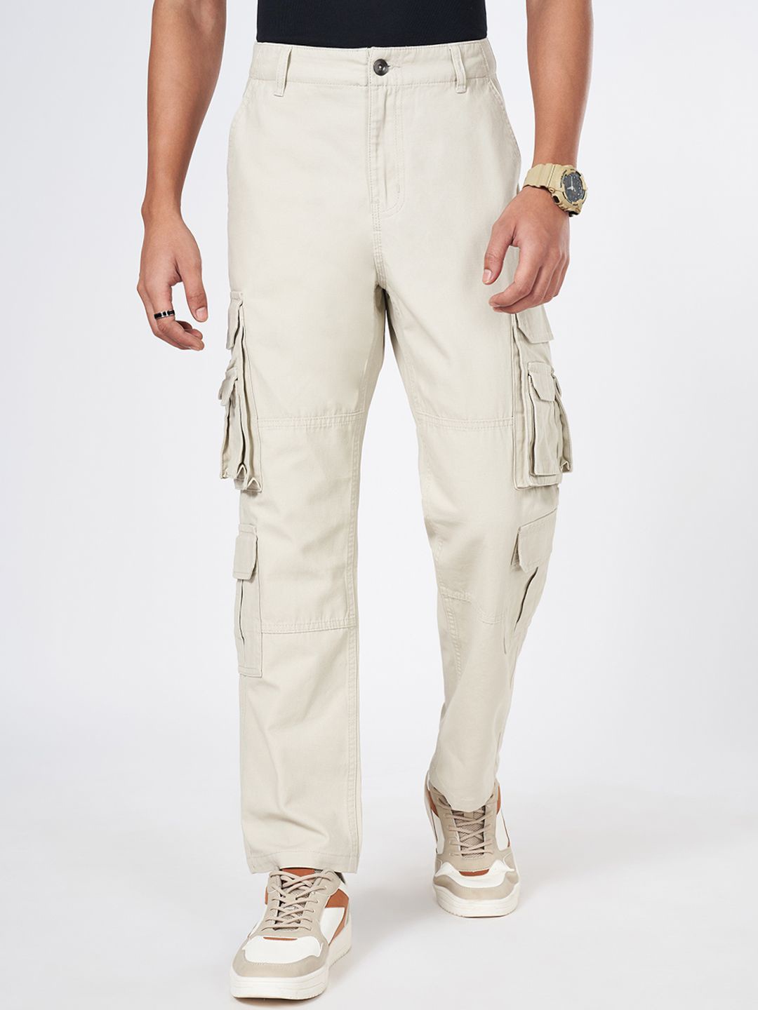 

Urban Ranger by pantaloons Men Regular Fit Mid-Rise Cargos Trousers, Off white