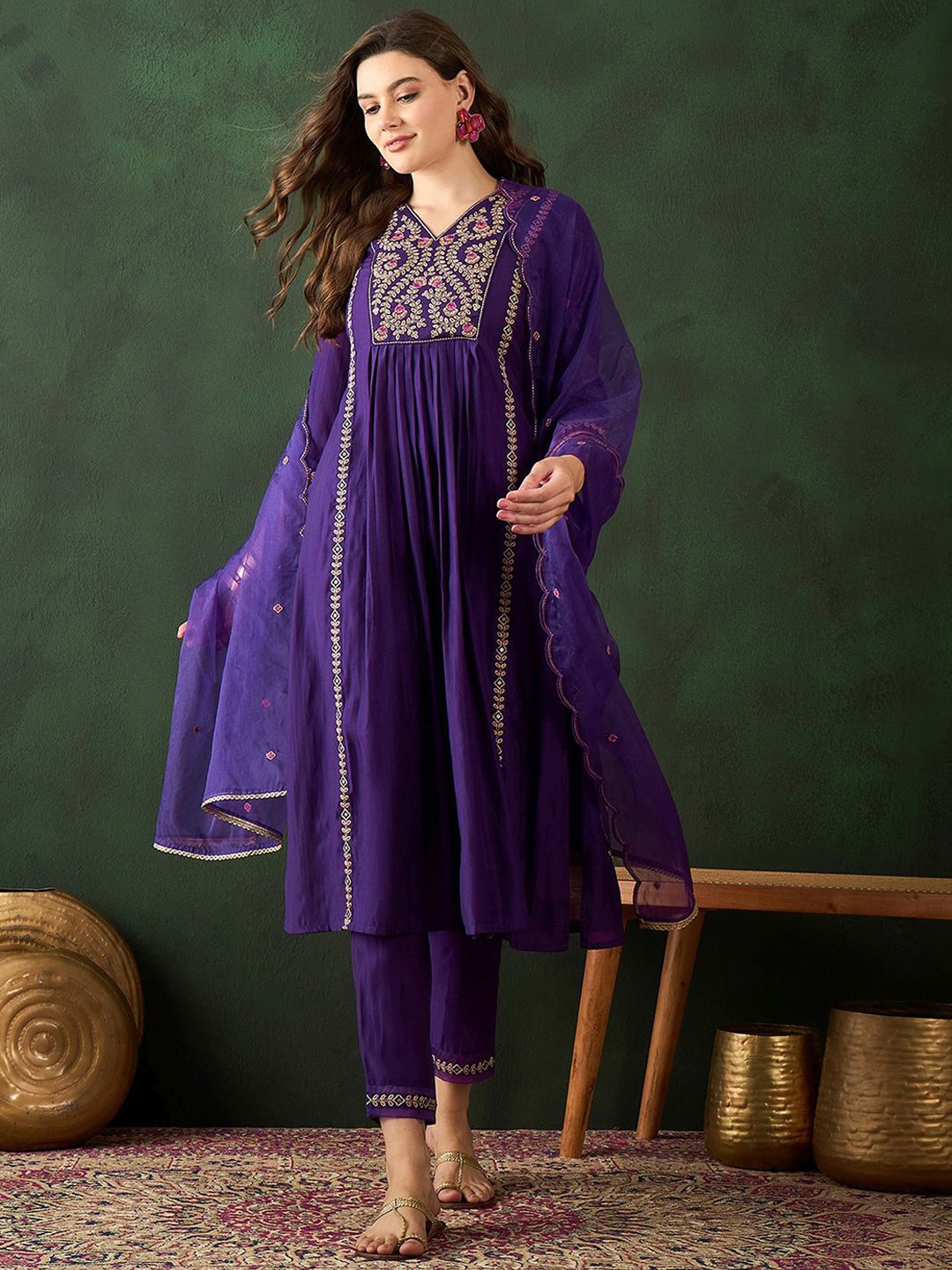 

Sangria Women Embroidered A-Line Kurta Trousers & Dupatta, Purple