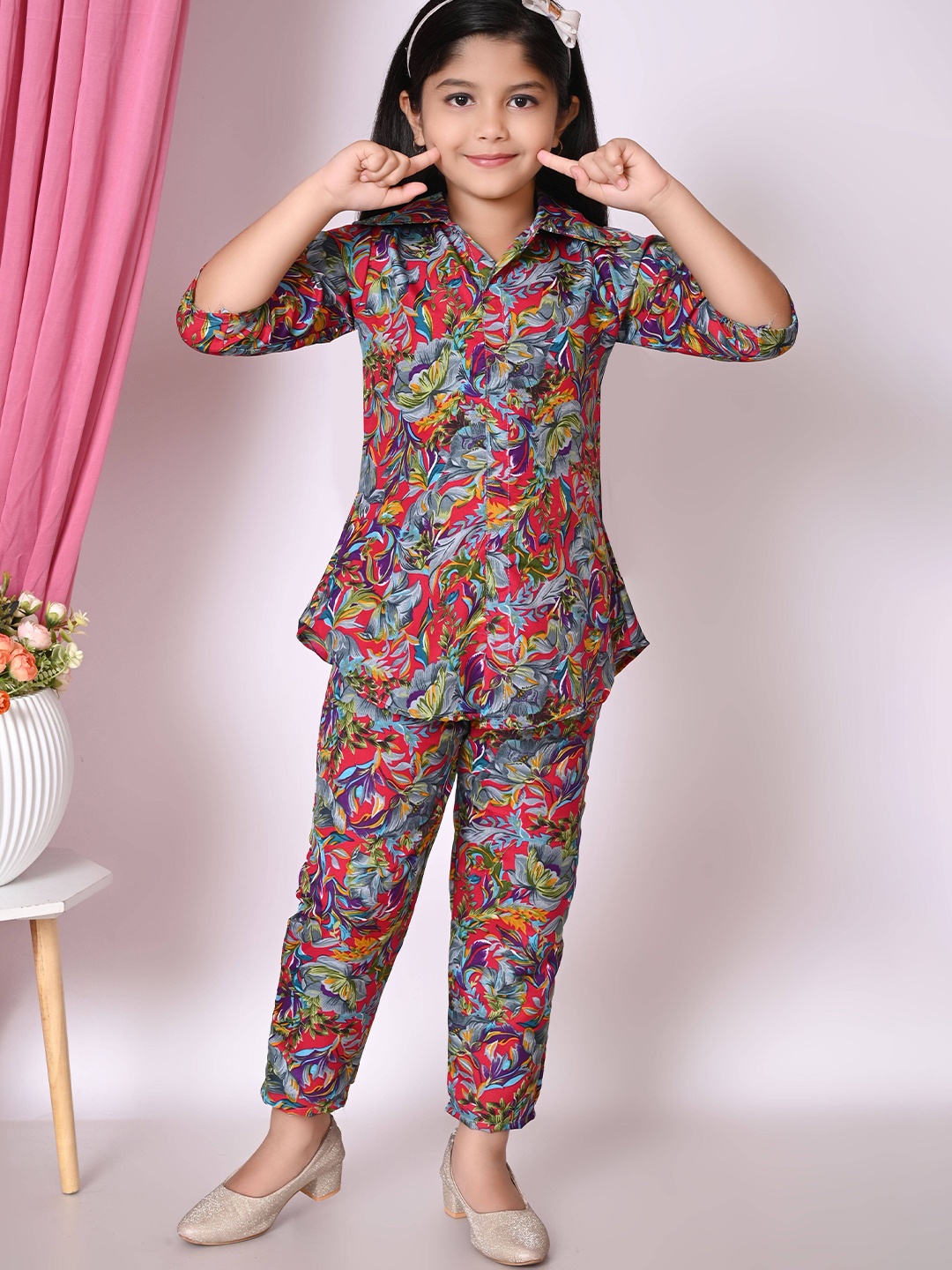 

KAARIGARI Girls Printed Tunic with Trousers, Orange