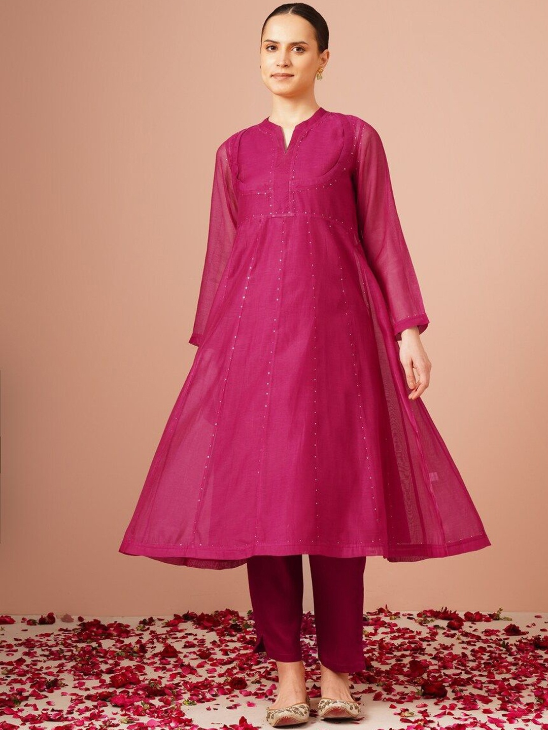 

JAYPORE Mandarin Collar A-Line Kurta Set, Fuchsia