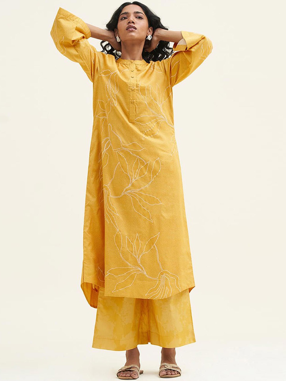 

Ganga Floral Printed Pure Cotton Ethnic Tunic With Palazzos, Yellow