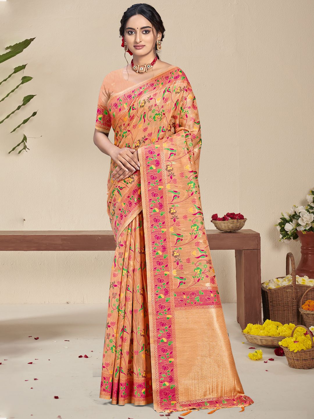 

SANGAM PRINTS Woven Design Zari Silk Blend Tussar Saree, Peach